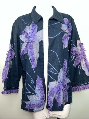 Bleu Bayou Denim Jacket Purple 3D Floral Appliqué Wearable Art Women’s 2X